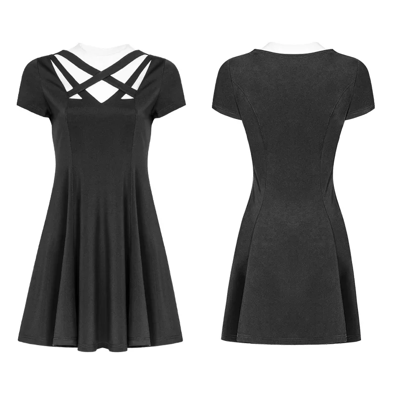 Женское платье с коротким рукавом в стиле панк черное трапециевидной формы