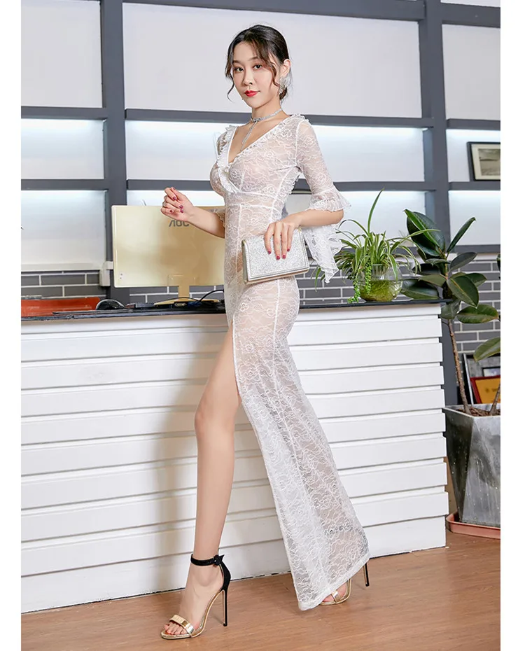 

Women Elegant Sexy Party Evening Lace Perspective See Through Dress Slim High Waist Backless V-Neck Split Dress