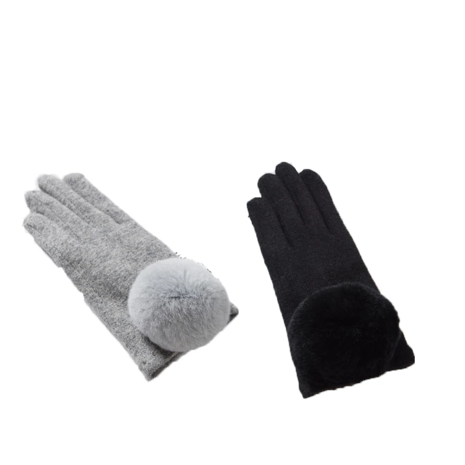 

Best Selling Winter Wool Fur Gloves Full Finger Thick Warm Fashion Hair Ball Wool Gloves Ladies Winter Windproof Fashion Gloves.