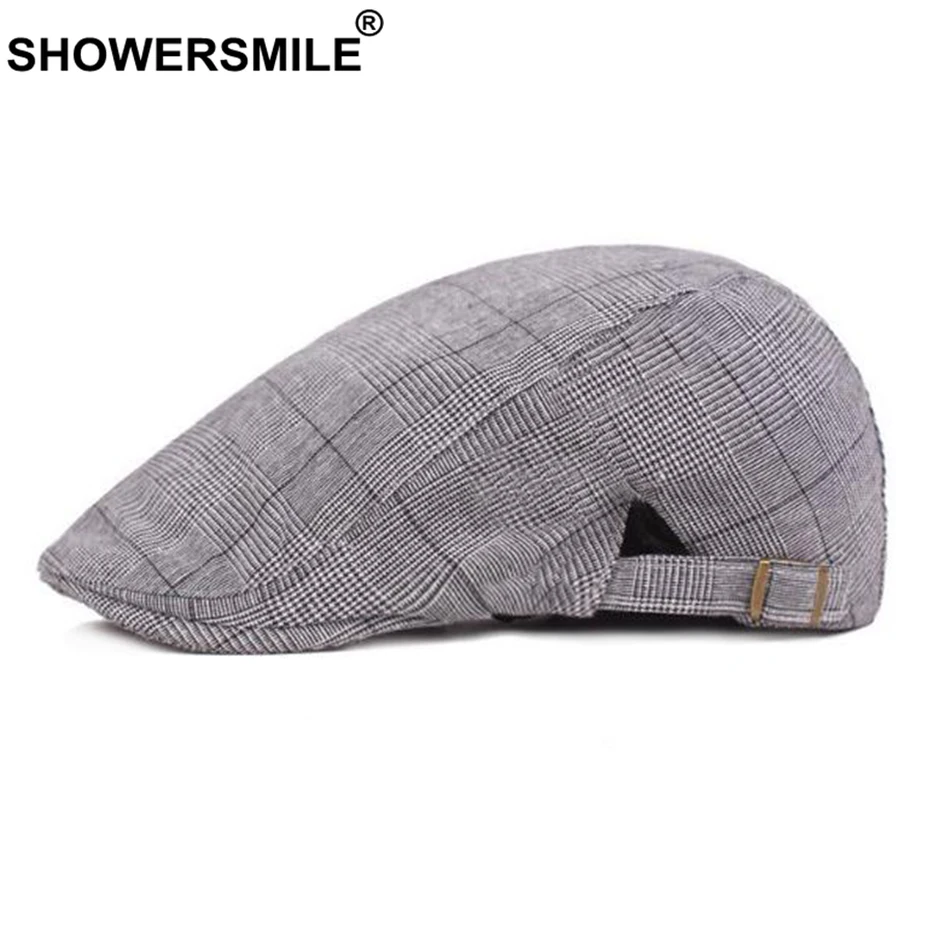 

SHOWERSMILE Summer Cotton Flat Hat Beret Men Houndstooth Grey Duckbill Ivy Cap British Vintage Adjustable Casual Male Gatsby Hat