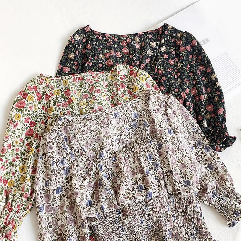 

Summer Floral Print Blouses For Women Fashion Wild Square Collar Puff Sleeve Shirts Sweet Sexy Chiffon Shirt Blouse