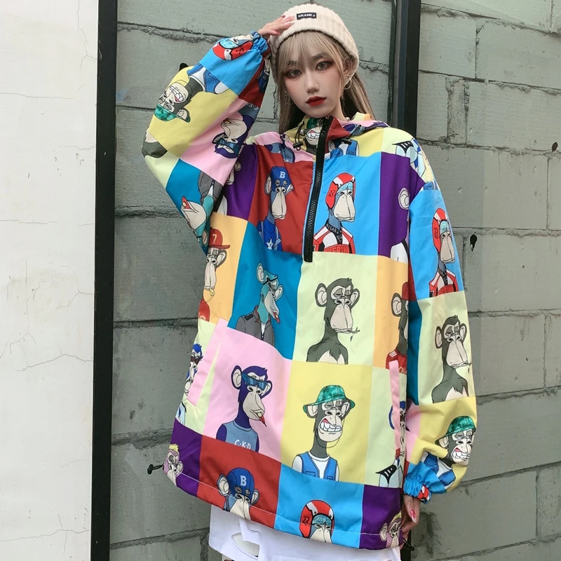 

New Winter Vintage Women Jackets Tide Brand Funny Monkey Printed Cotton Coat Fleece Quilted Overcoat Windproof Jaqueta Feminina