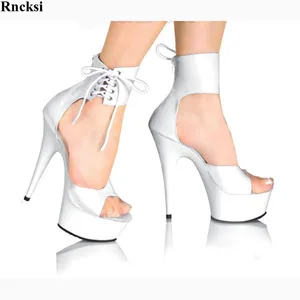 Rncksi New Ankle Strap 15CM High Heel Shoes Platforms Pole Dance shoes White 6 inch Women Fashion Shoes Sexy Clubbing Sandals