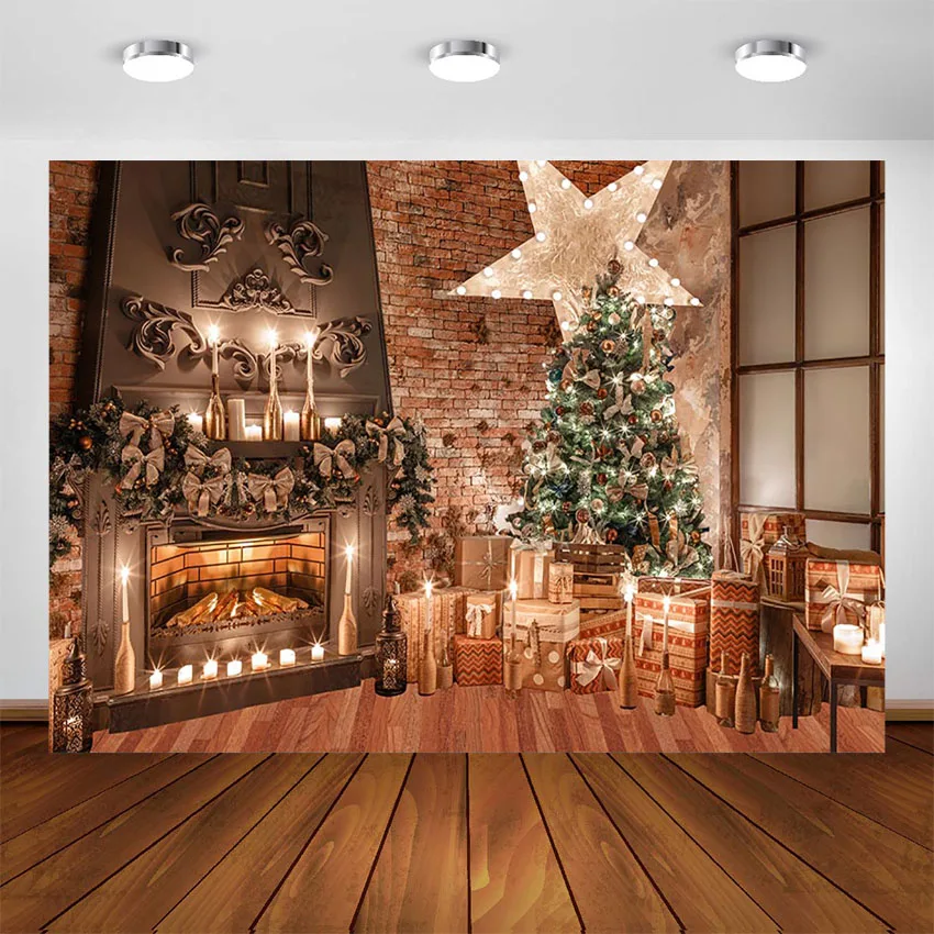 

Christmas Photography Backdrop Brick Wall Light Fireplace Christmas Tree Child Kids Photo Background for Photocall Photo Studio