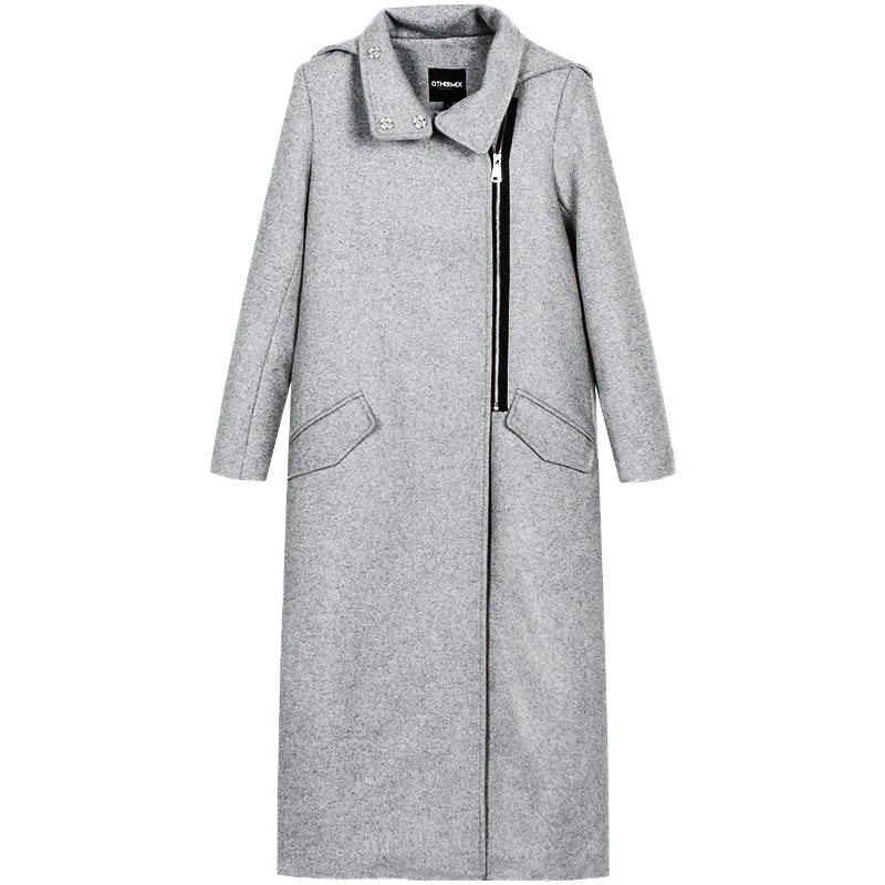 Женское длинное шерстяное пальто свободное теплое на молнии с капюшоном верхняя