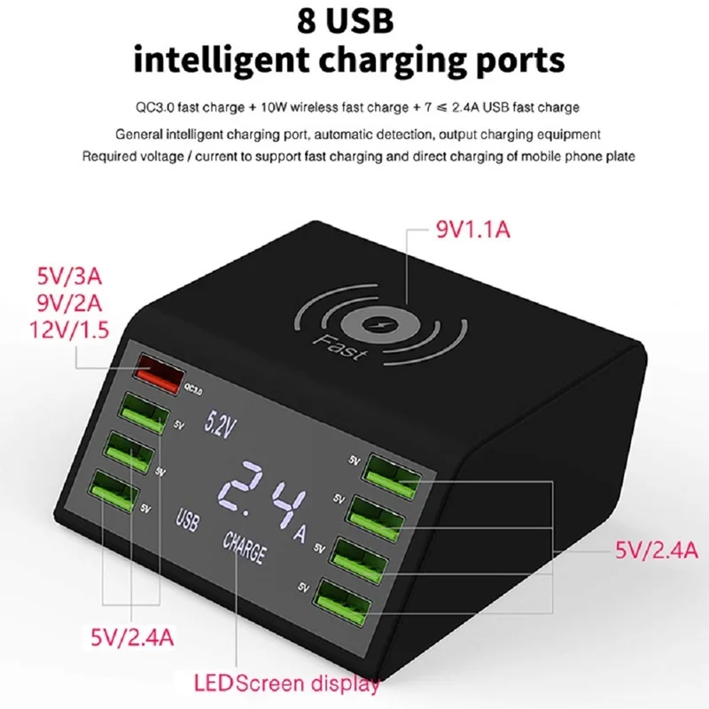 Tongdaytech Мульти 8 портов Lcd USB Qi Беспроводное зарядное устройство для Iphone X 8 Plus Быстрая зарядка 3,0 быстрое зарядное устройство для samsung S10 S9 Xiaomi