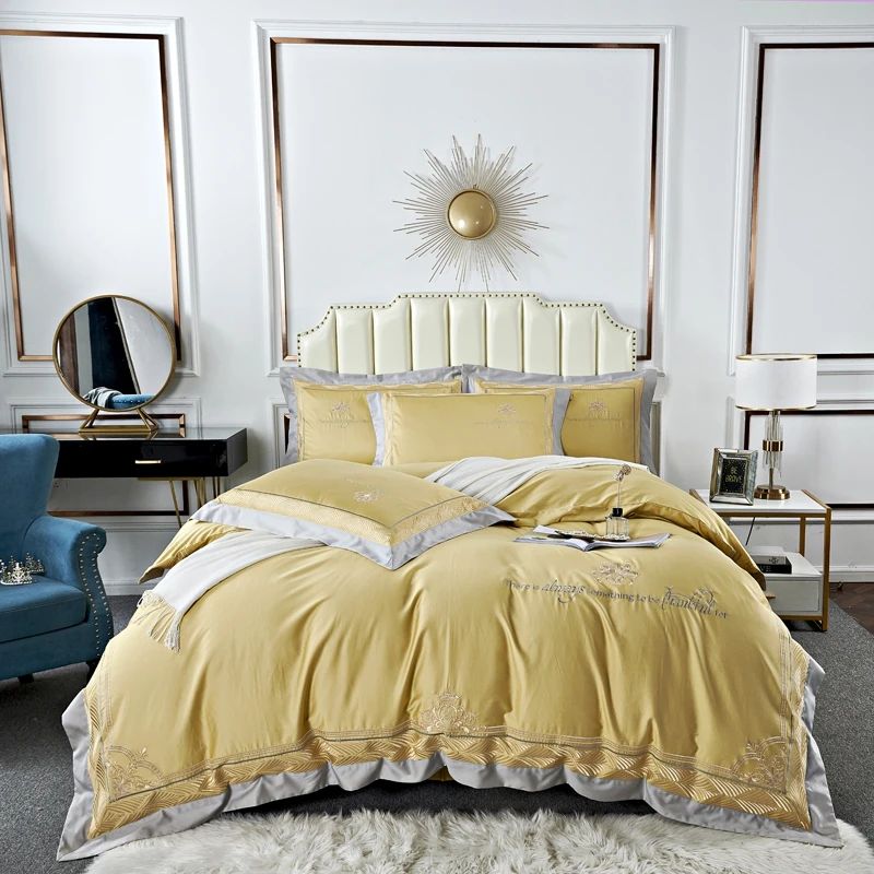 

Роскошный Европейский Дворцовый стиль, желтый комплект постельного белья из хлопка с вышивкой, пододеяльник, постельное белье, простыня