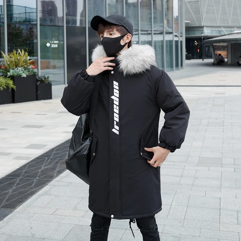 

Men's Hooded Cotton-padded Jacket Winter New Thickened Warm Large Fur Collar Male Jacket Trendy Brand Loose Fashion Tooling Coat