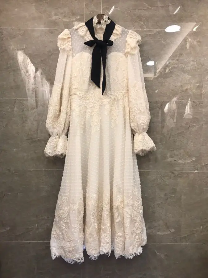 

New Palace Wind Bow Decorative Tissue Lace Long Dress Female
