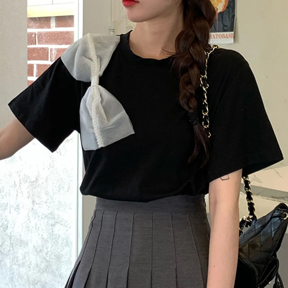 

2021 Summer New Korean Fashion Solid Color Bow Round Neck Summer T-Shirt Loose Casual Simplicity Design Hot Sale