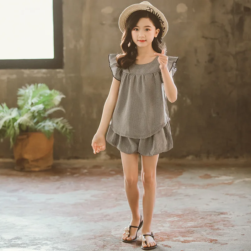

2022 Summer New Kids and Teen Girls Retro Plaid Clothes Set Cute Bow Shirt and Short Pants Set Girls Casual Two Piece Set, #8722