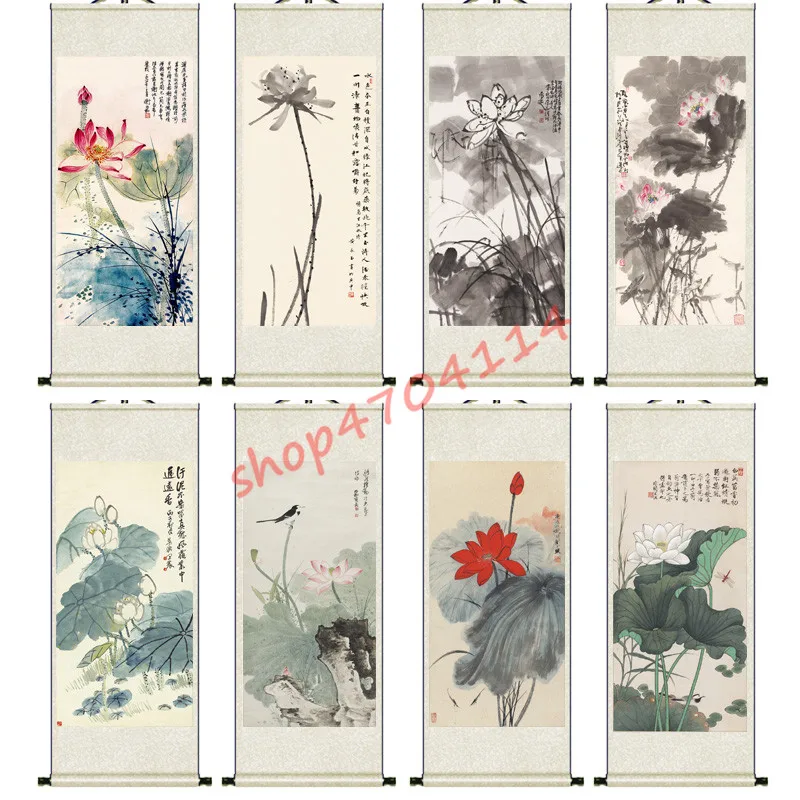 Известные художники Лотос цветы и птицы шелковые свитки Висячие картины
