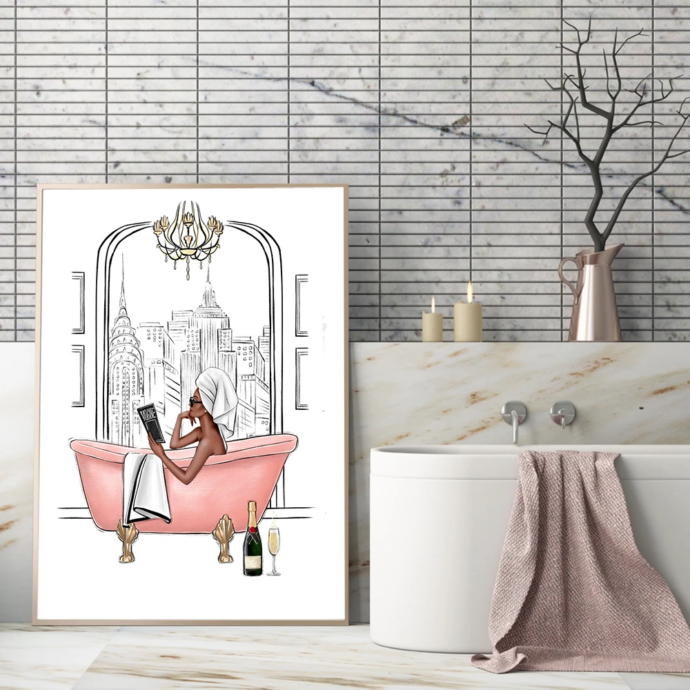 

It's Me Time Poster and Print Fashion Girl on The Pink Bathtub Picture on The Wall for Living Room Nordic Style Home Decoration