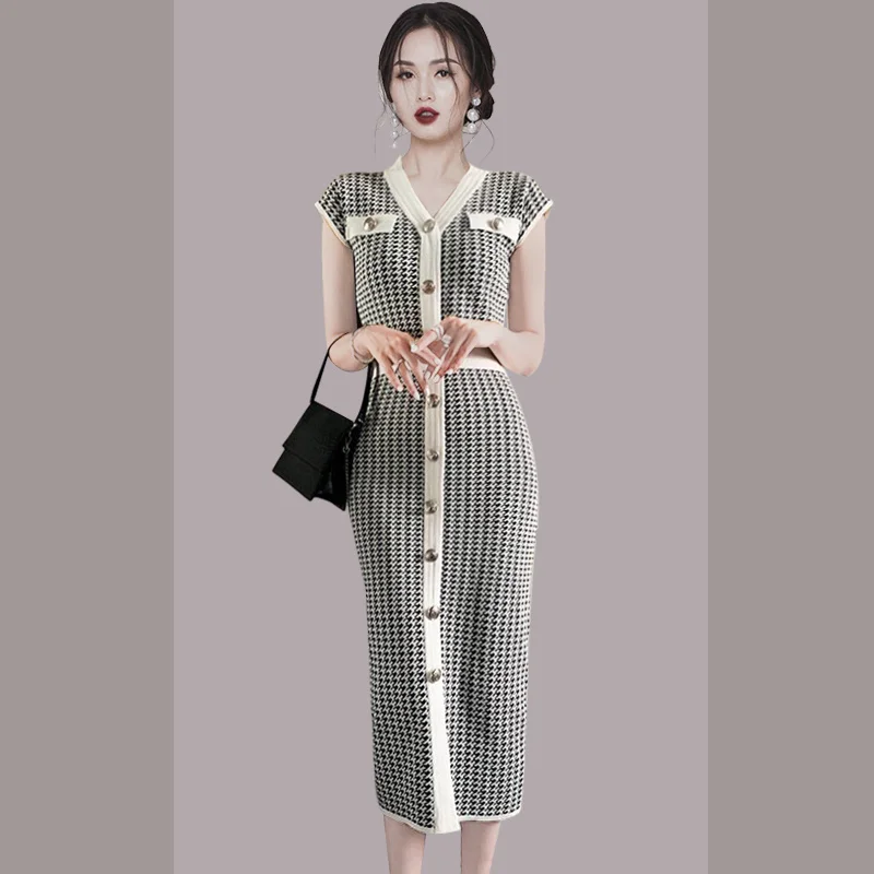 

Женское трикотажное платье с коротким рукавом, облегающее длинное платье в стиле богини, с рисунком гусиной лапки, лето 2021