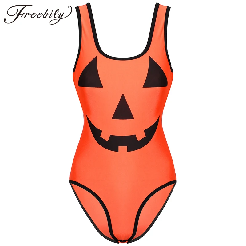 Womens Halloween Pumpkin Print Bodysuit U Neck Sleeveless Pressed Buttons Crotch Leotard Bodycon Bodysuit Fancy Parties Clubwear