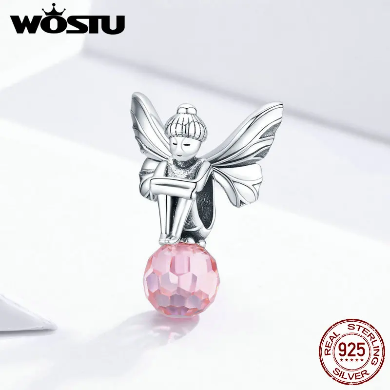 WOSTU Pink Zircon Flower Elf Charms 100% 925 Sterling Silver Fairy Beads Fit Original Bracelet Pendant For Women Jewelry FIC1483 | Украшения