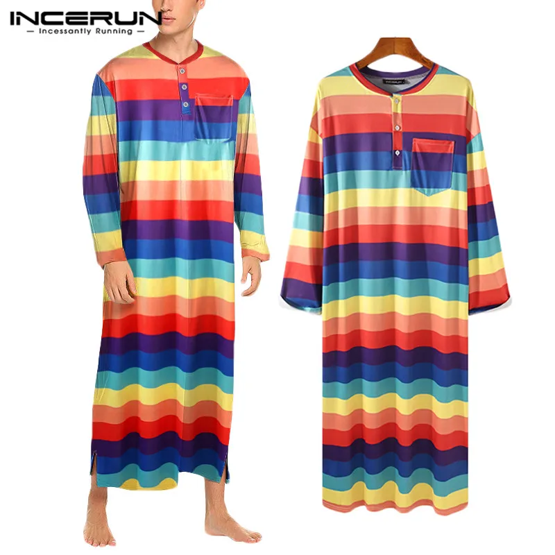 

INCERUN Fashion Colorful Striped Bathrobes Long Sleeve O Neck Sleepwear Man Leisure Buttons Nightgown Comfy Homewear Robes S-5XL