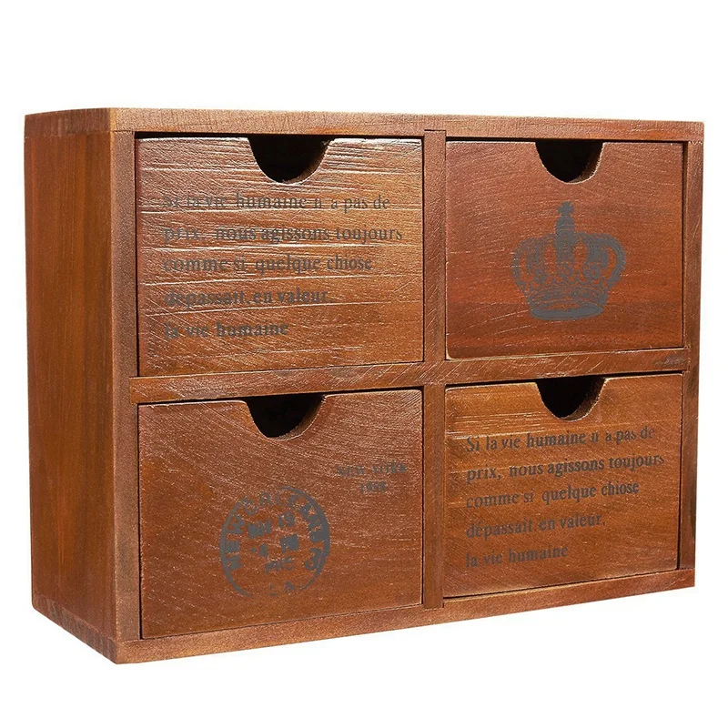 4 Drawer Wooden Storage Organizer Small Desktop Decorative Cabinet Boxes for Craft Vintage Jewelry Chic French and Cro | Дом и сад