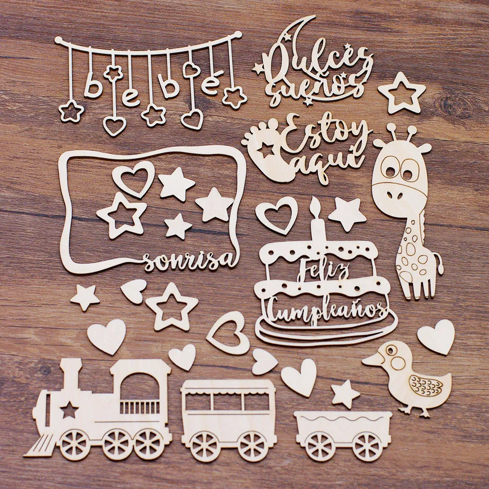 

Spanish Phrase Frame QITAI 28PCS Baby Wood Crafts Birthday/Sweet Dream Train Giraffe Duck For DIY Scrapbooking Crafts Card WF333