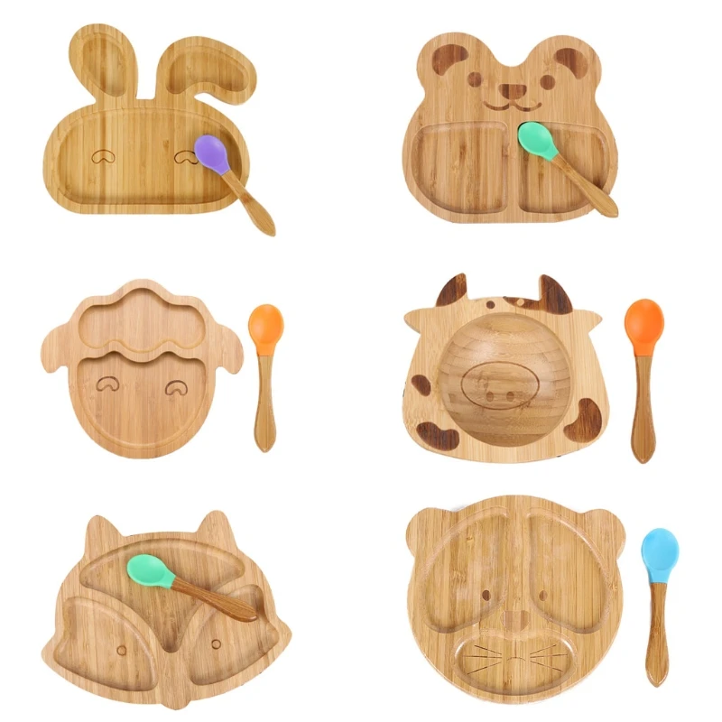 

Baby Infants Natural Bamboo Bowl Spoon Set Cartoon Animal Divided Dinner Plate