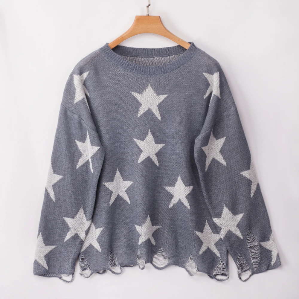 LOGAMI Star Knit Pullover Women O Neck Long Sleeve Destroy Sweater and Women's Fall Jumper | Женская одежда