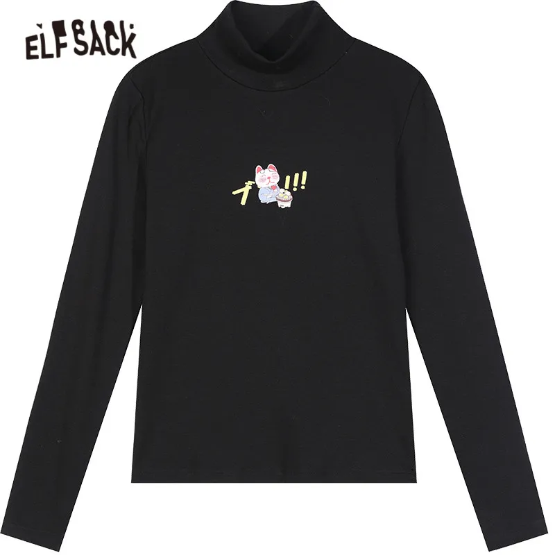 

ELFSACK Harajuku Cat Print Casual T-Shirts Women Top 2020 Autumn ELF Striped Full Sleeve Female Japanese Basic Daily Cuted Tee