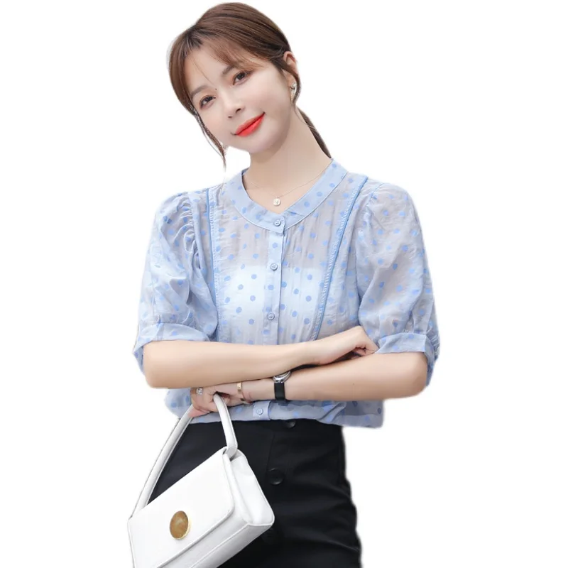 

2021 summer half open collar polka dot commuter chiffon shirt stitching short-sleeved temperament top women