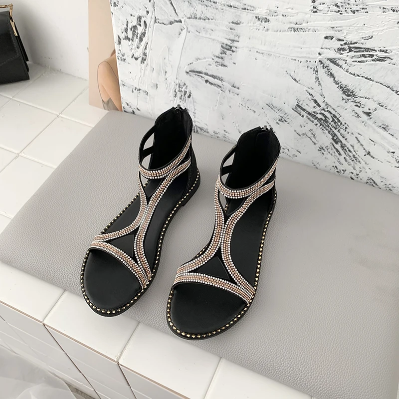 

Elegant Casual Rhinestone Women Sandals Low Heels Slip-On Flats Shoes Summer Solid Colors Non-slip Street Sandals Fast Shipping