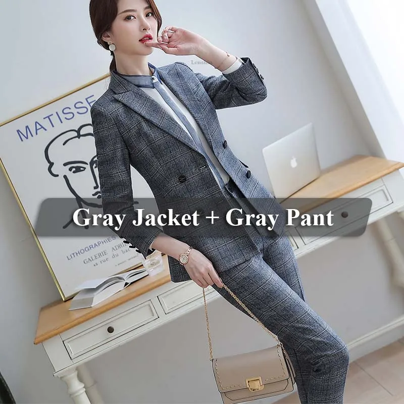 2 Pieces Gray Suit Lenshin, высокое качество, комплект из 2 предметов, клетчатый Деловой брючный костюм, Блейзер, Офисная женская униформа, дизайнерская женская деловая куртка и штаны - Цвет: 2 Pieces Gray Suit