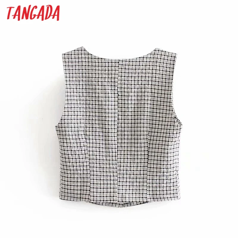 

Tangada Women 2021 Fashion Plaid Pattern Vest V Neck Sleeveless Female Waistcoat Chic Tops 3D22