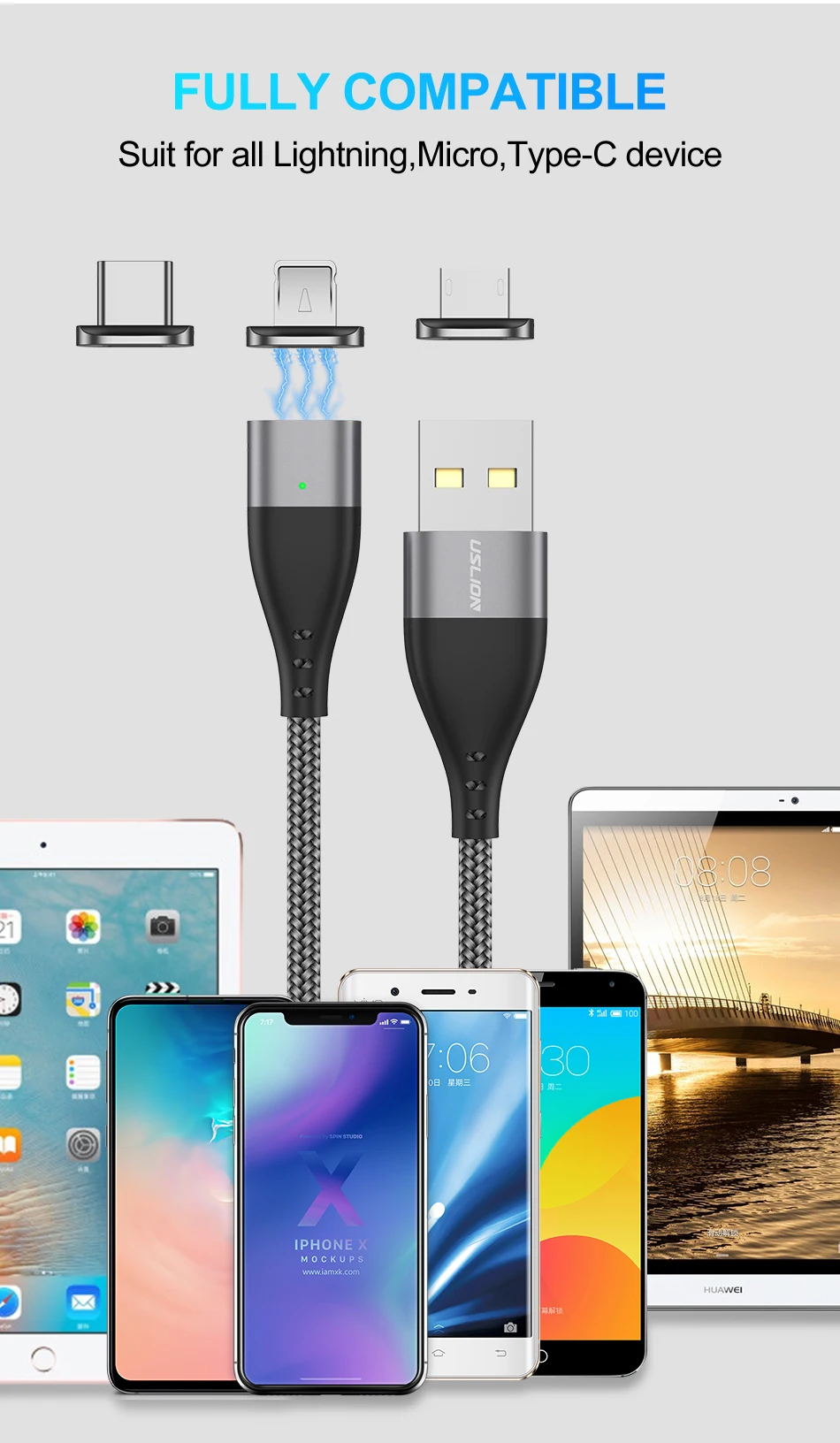 USLION Магнитный кабель Micro USB для iPhone samsung 3A, кабель для быстрой зарядки и передачи данных, Магнитный зарядный кабель usb type C, кабель для телефона Android