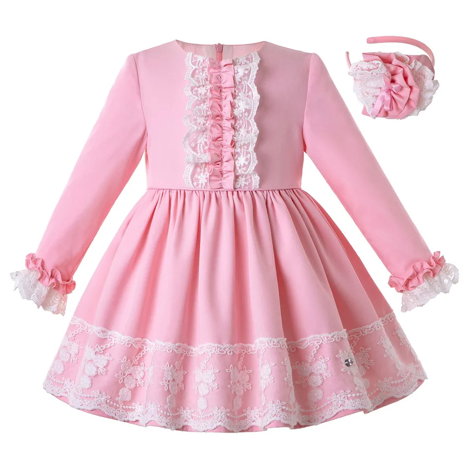 Pettigirl/Розовое Кружевное платье принцессы с манжетами для девочек осеннее