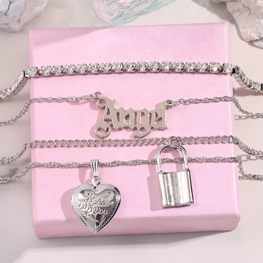 

JUST FEEL Multilayer Heart Angel Letter Pendant Necklace For Women Silver Color Lock Crystal Tennis Chain Necklace Punk Jewelry
