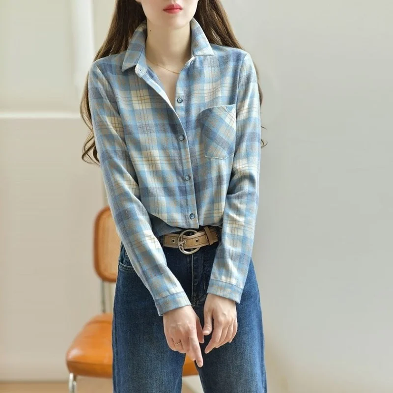 

Женская винтажная рубашка в клетку, элегантная шерстяная рубашка оверсайз в британском стиле, модель X986 на весну и осень, 2022