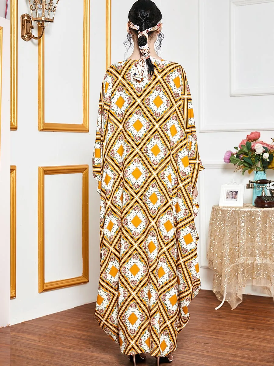 2021 Oversized Gown Dress for Women Batwing Sleeve Ethnic geometric Print Kaftan Arabic Dubai Dresses Long Muslim Clothing