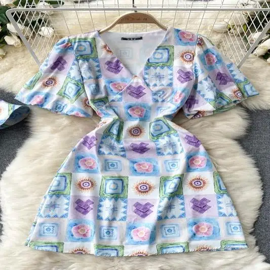 

Women's Holiday Beach Boho V Neck Mini Dress Summer 2021 Streetwear Short Sleeve Floral A Line Dress Ladies Casual Vestidos