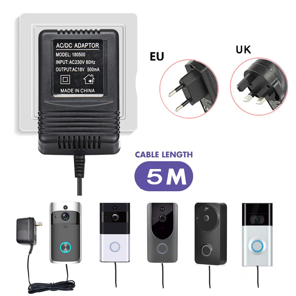 

18V AC Transformer 5 Meter Cable Wifi Doorbell Camera Power Adapter for IP Video Intercom Ring Wireless Doorbell 220V-240V Imput