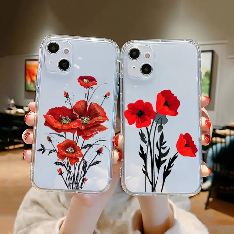 

Poppy Flower Bloom Phone Case Transparent For iPhone 13 12 11 Mini Pro Max X XR XS 7 8 6 6s Plus SE Coque Funda