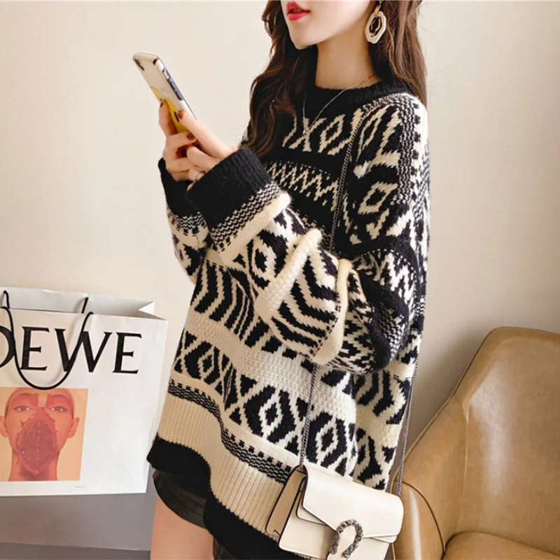 

2022 Women Geomertric Pullover And Sweaters Retro Vintage Oversized Knitwear Christmas Jumper Winter Clothes Casaco Feminino