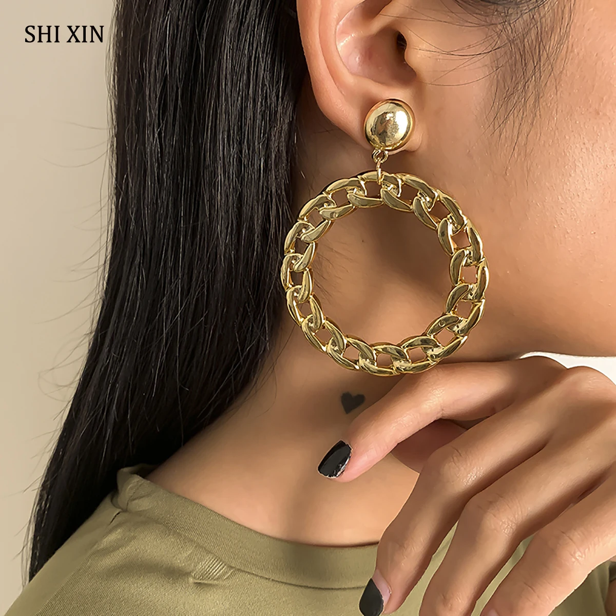 

SHIXIN Big Chain Circle Pendants Earrings for Women Large Fashion Drop Earrings Girls 2021 Trendy Earrings Handing Jewelry Gifts