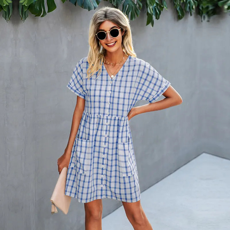 

2021 Spring Summer New Simple Plaid Dress For Women Casual Short Sleeve High Waist Button Pocket Short Dress Female