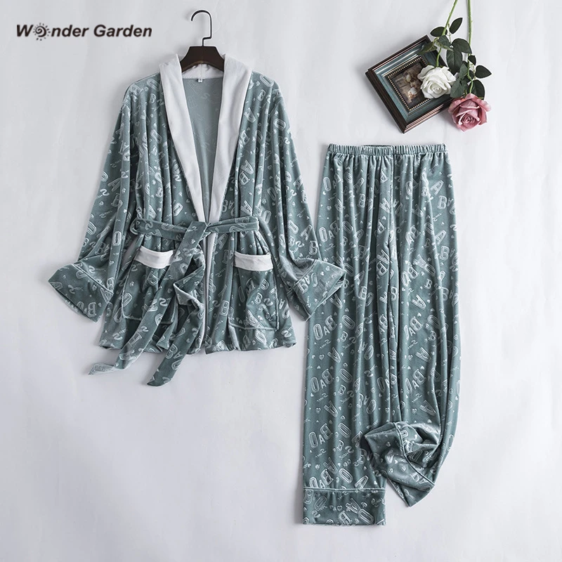 Wonder Garden Fshion Velvet Pajamas Set Woman Warm Sleepwear Letter Printing Casual Two-piece Suit Fall Winter Belt Nightwear