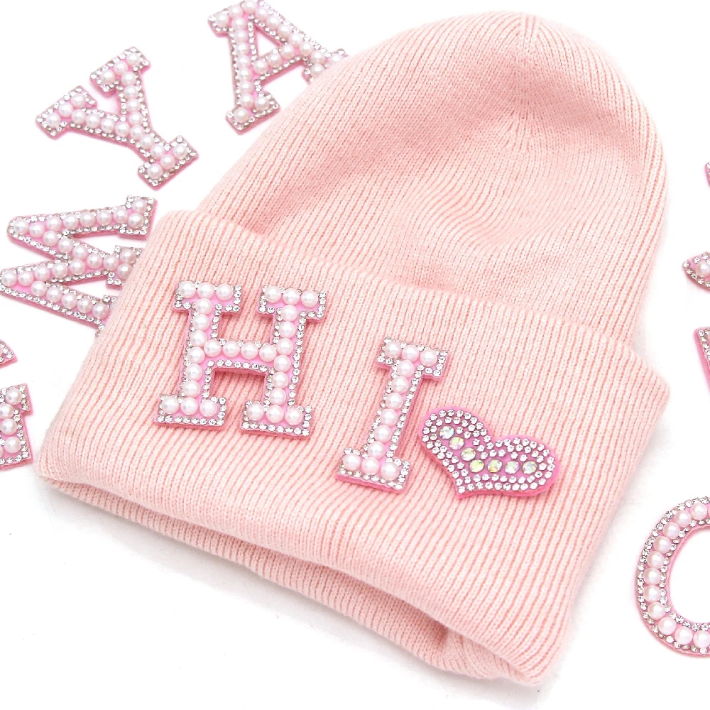 

White Pearl Pink Rhinestone Sparkle Letter Patches Alphabet Embroidery Clothes