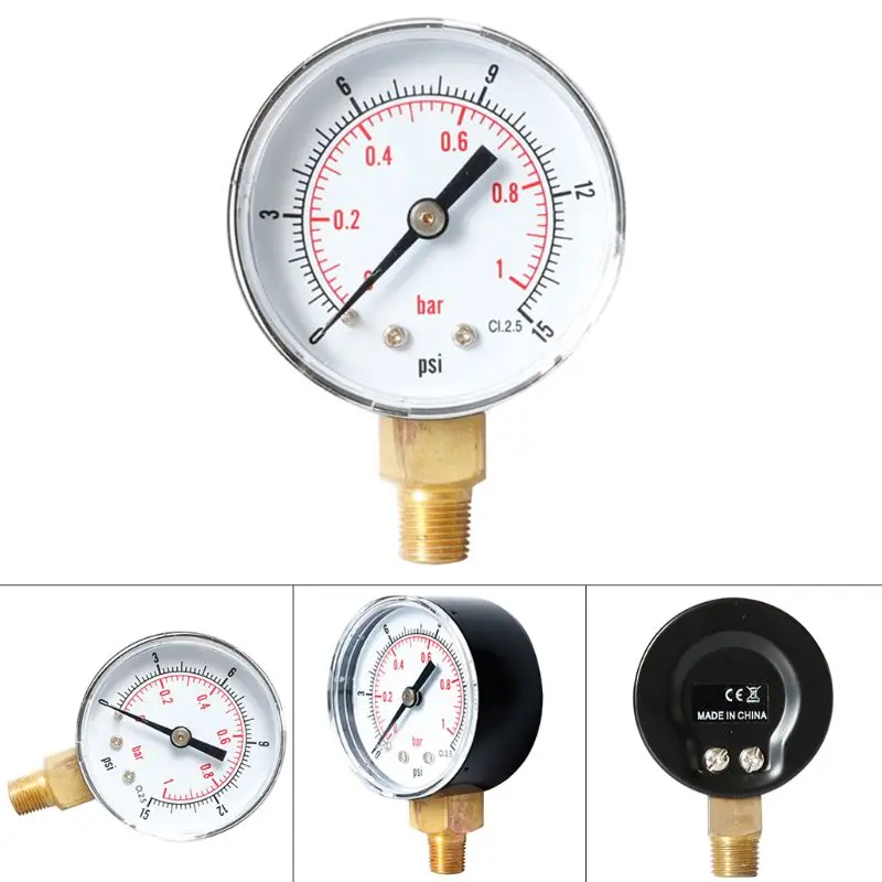 Манометр 52 мм Циферблат 1/8 &quotBSPT вертикальное 0/15 30 60 100160300 PSI и бар нижнее