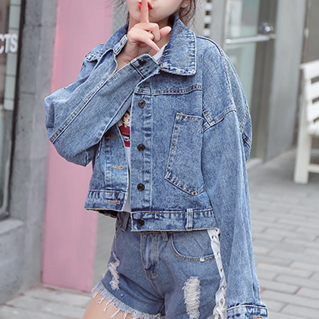 JAYCOSIN джинсовая куртка бойфренда женская укороченная винтажная с длинным рукавом