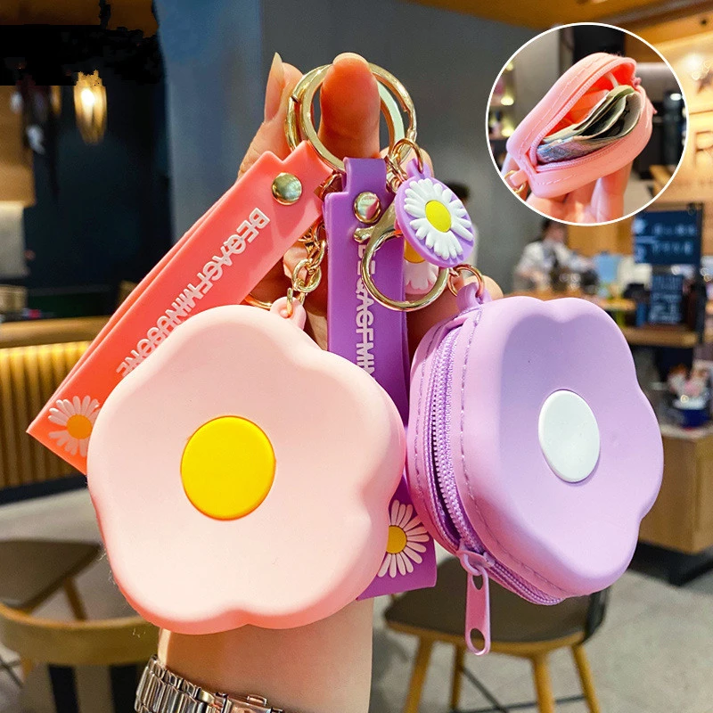 

Korean Cartoon Cute flowers Zero Wallet KeyChain Tassel Pendant Female Car Key Chain Girls For Bag Charm Chaveiro Llaveros Mujer