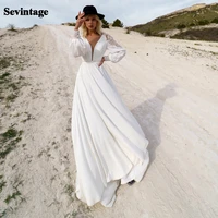 sevintage stain wedding dresses simple v neck full sleeves bridal gowns white a line lace appliques backless wedding dress