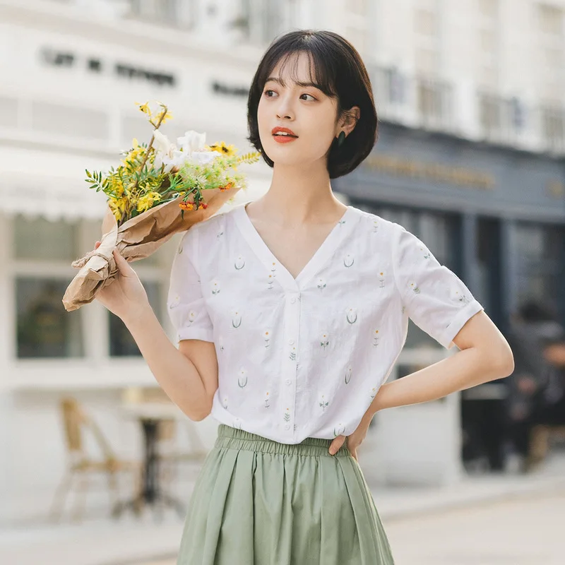 INMAN летняя блузка с короткими рукавами из чистого хлопка цветочным принтом и