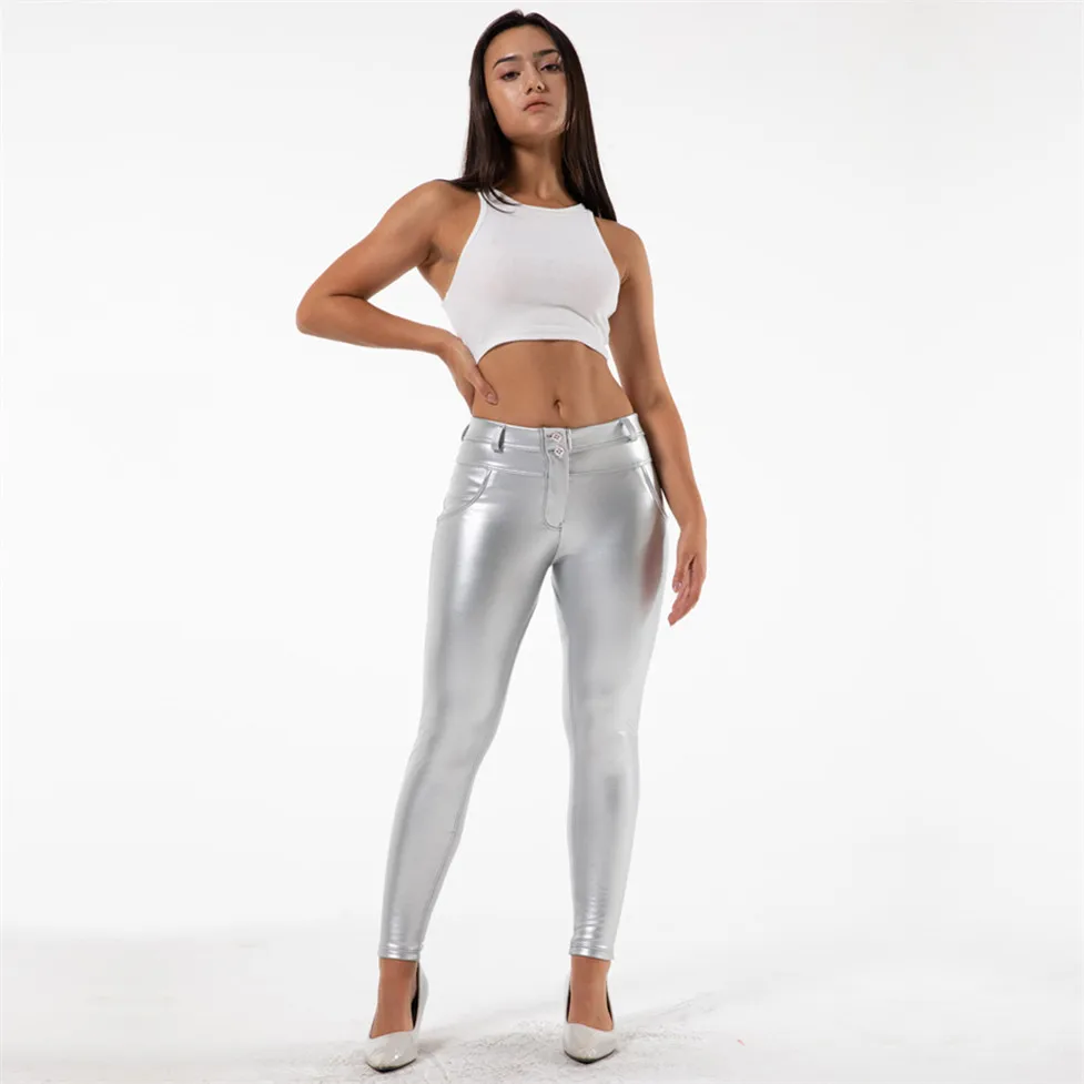 NEW2021 Melody Tall Faux Leather Pants Silver Leather Trousers Warm Fleece Leggings Bum lift Push Up Shaping Women Pants Full