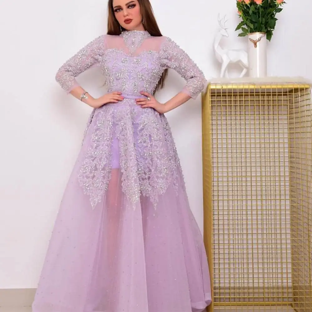 

light purple prom dresses 2021 high neck long sleeve beaded a line tulle floor length long evening dresses